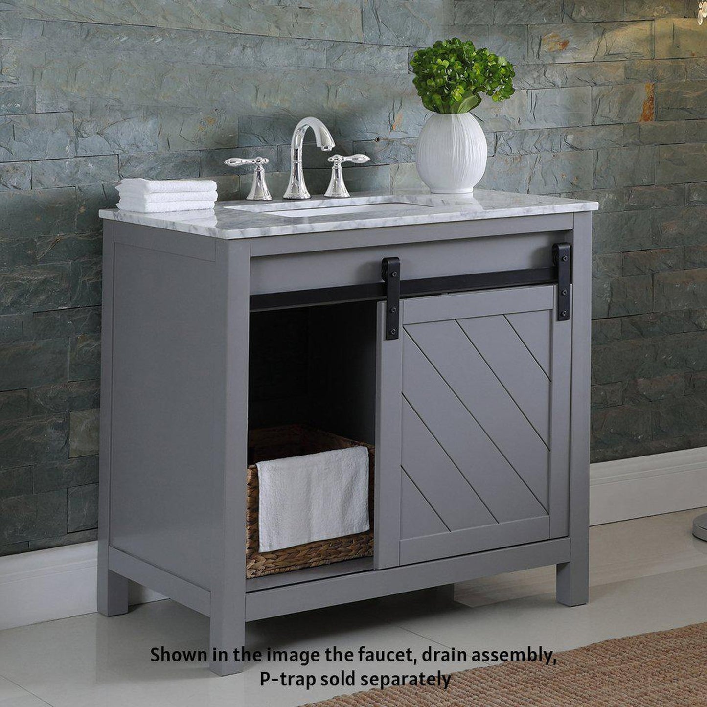 Altair Kinsley 36" Single Gray Freestanding Bathroom Vanity Set With Natural Carrara White Marble Top, Rectangular Undermount Ceramic Sink, and Overflow
