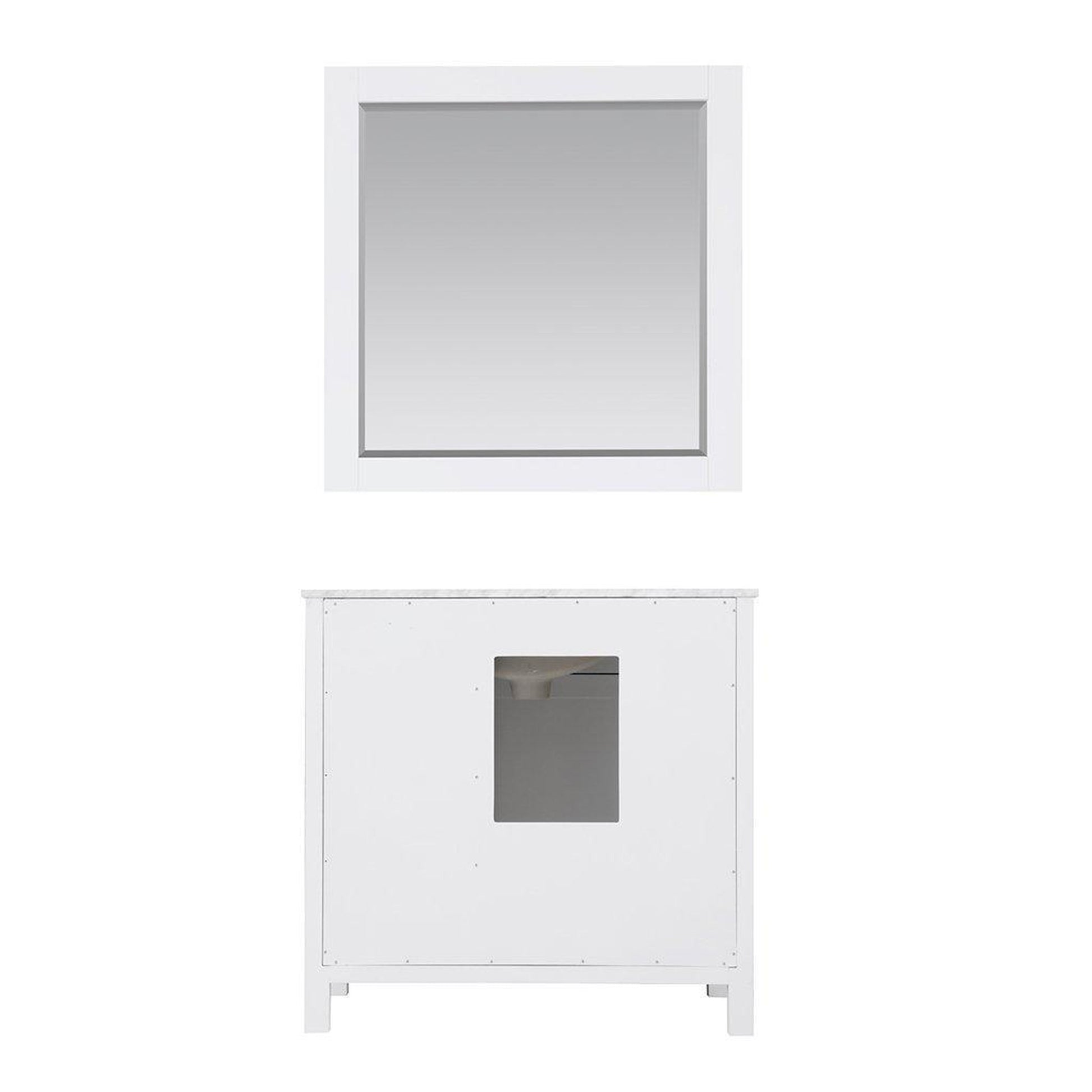 Altair Kinsley 36" Single White Freestanding Bathroom Vanity Set With Mirror, Natural Carrara White Marble Top, Rectangular Undermount Ceramic Sink, and Overflow