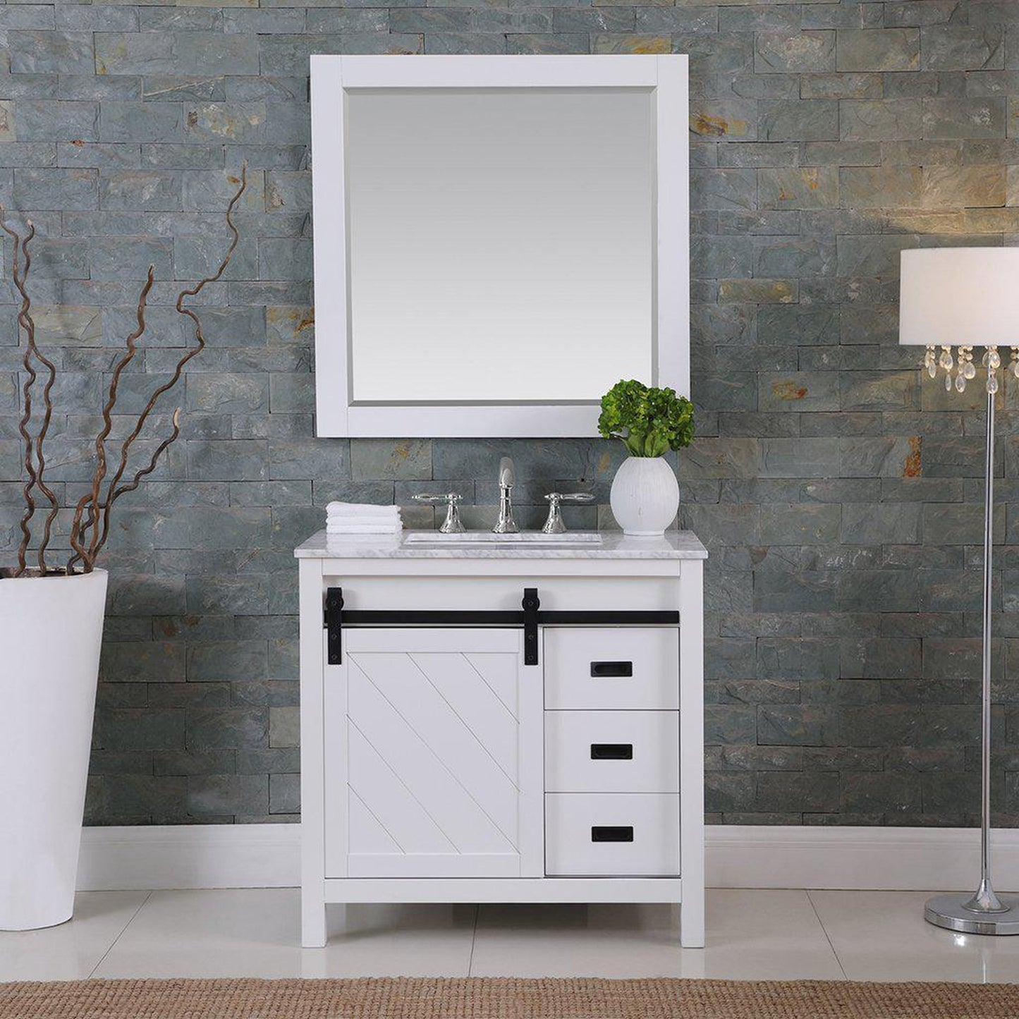 Altair Kinsley 36" Single White Freestanding Bathroom Vanity Set With Mirror, Natural Carrara White Marble Top, Rectangular Undermount Ceramic Sink, and Overflow