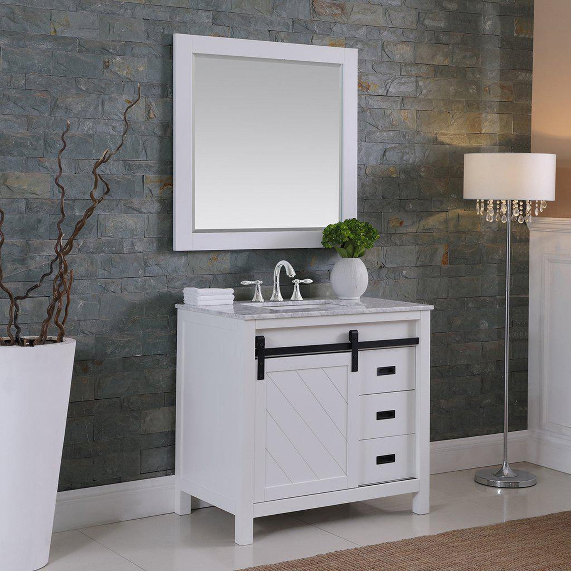 Altair Kinsley 36" Single White Freestanding Bathroom Vanity Set With Mirror, Natural Carrara White Marble Top, Rectangular Undermount Ceramic Sink, and Overflow