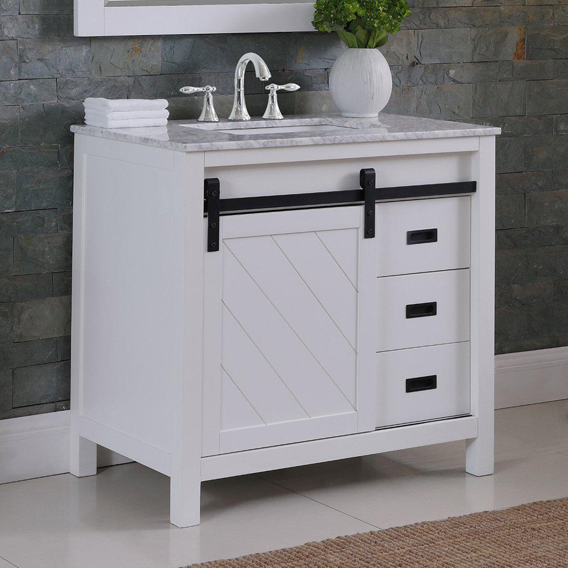 Altair Kinsley 36" Single White Freestanding Bathroom Vanity Set With Mirror, Natural Carrara White Marble Top, Rectangular Undermount Ceramic Sink, and Overflow