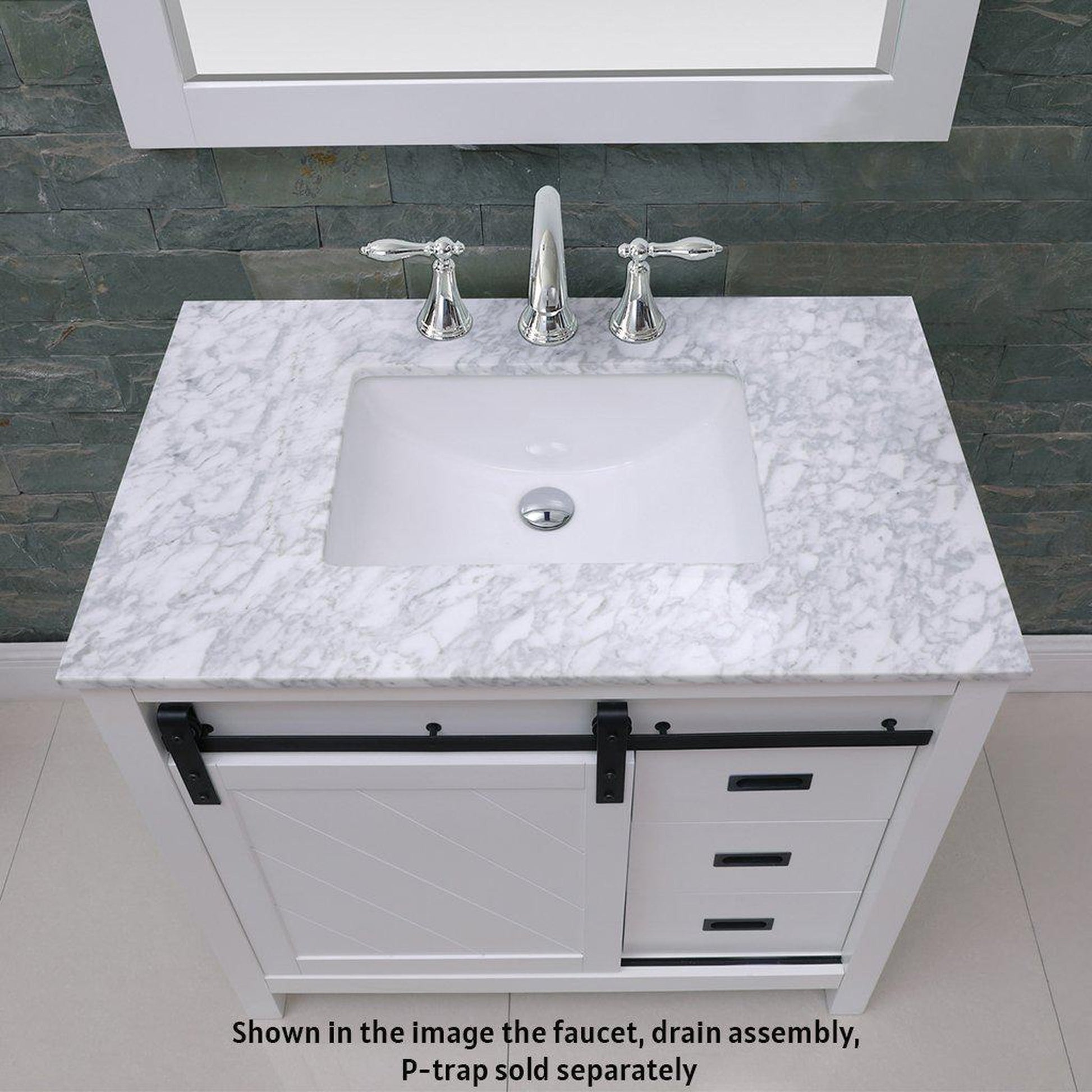 Altair Kinsley 36" Single White Freestanding Bathroom Vanity Set With Mirror, Natural Carrara White Marble Top, Rectangular Undermount Ceramic Sink, and Overflow