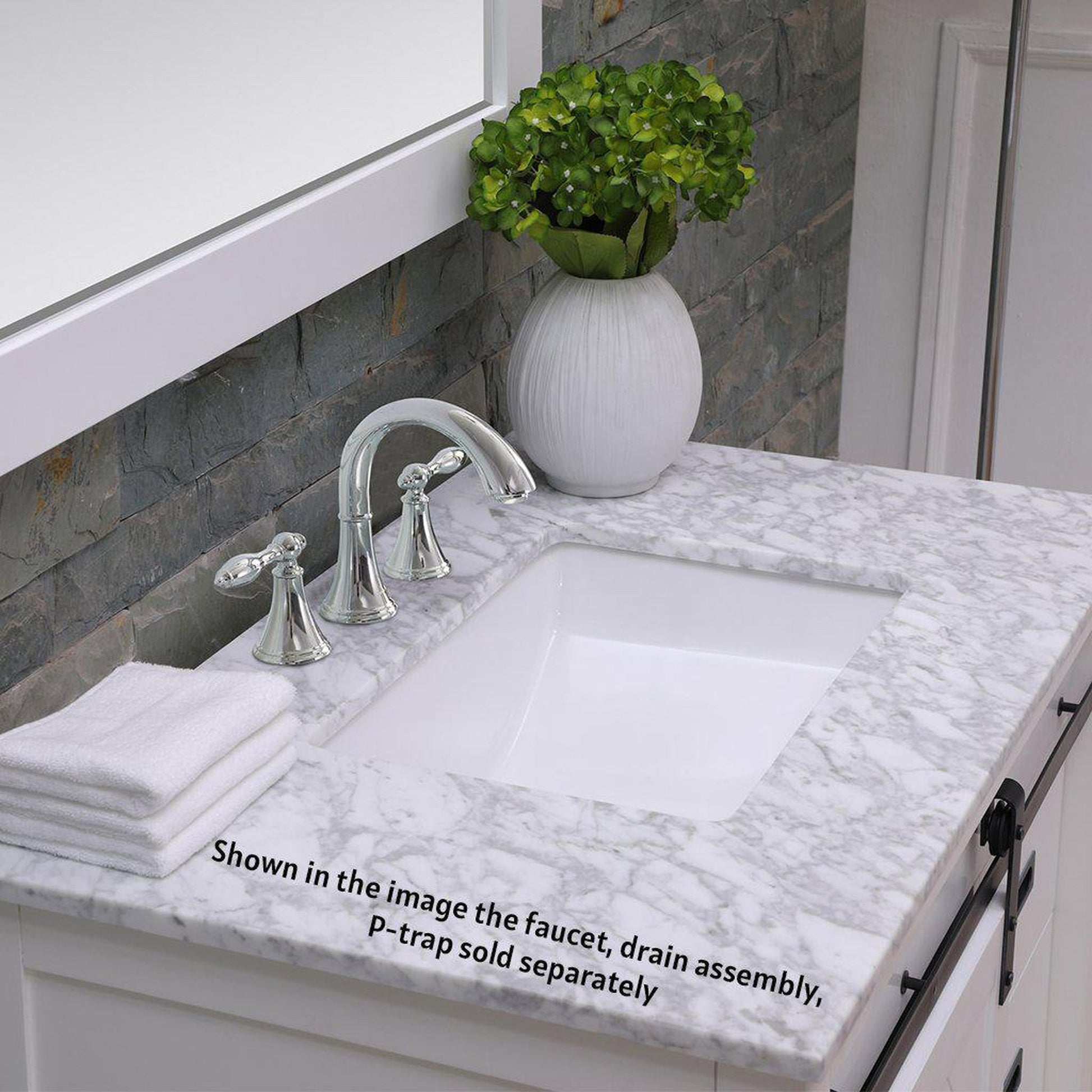 Altair Kinsley 36" Single White Freestanding Bathroom Vanity Set With Mirror, Natural Carrara White Marble Top, Rectangular Undermount Ceramic Sink, and Overflow