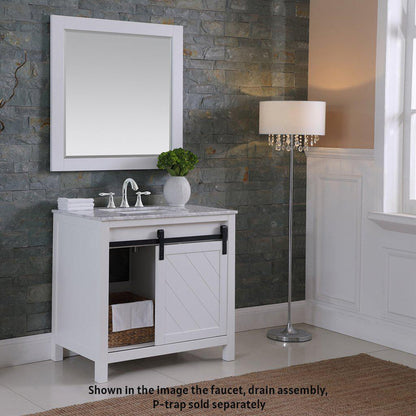 Altair Kinsley 36" Single White Freestanding Bathroom Vanity Set With Mirror, Natural Carrara White Marble Top, Rectangular Undermount Ceramic Sink, and Overflow