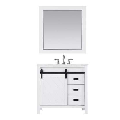 Altair Kinsley 36" Single White Freestanding Bathroom Vanity Set With Mirror, Natural Carrara White Marble Top, Rectangular Undermount Ceramic Sink, and Overflow