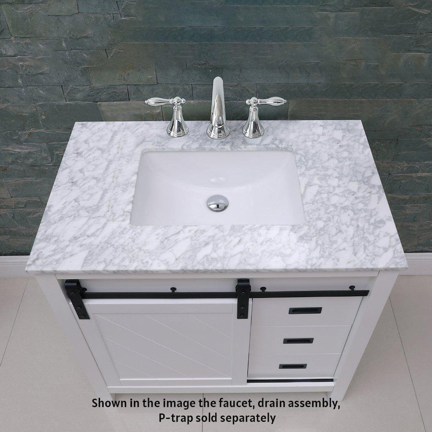 Altair Kinsley 36" Single White Freestanding Bathroom Vanity Set With Natural Carrara White Marble Top, Rectangular Undermount Ceramic Sink, and Overflow