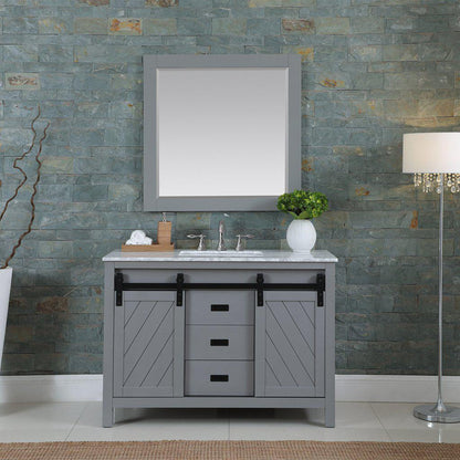 Altair Kinsley 48" Single Gray Freestanding Bathroom Vanity Set With Mirror, Natural Carrara White Marble Top, Rectangular Undermount Ceramic Sink, and Overflow