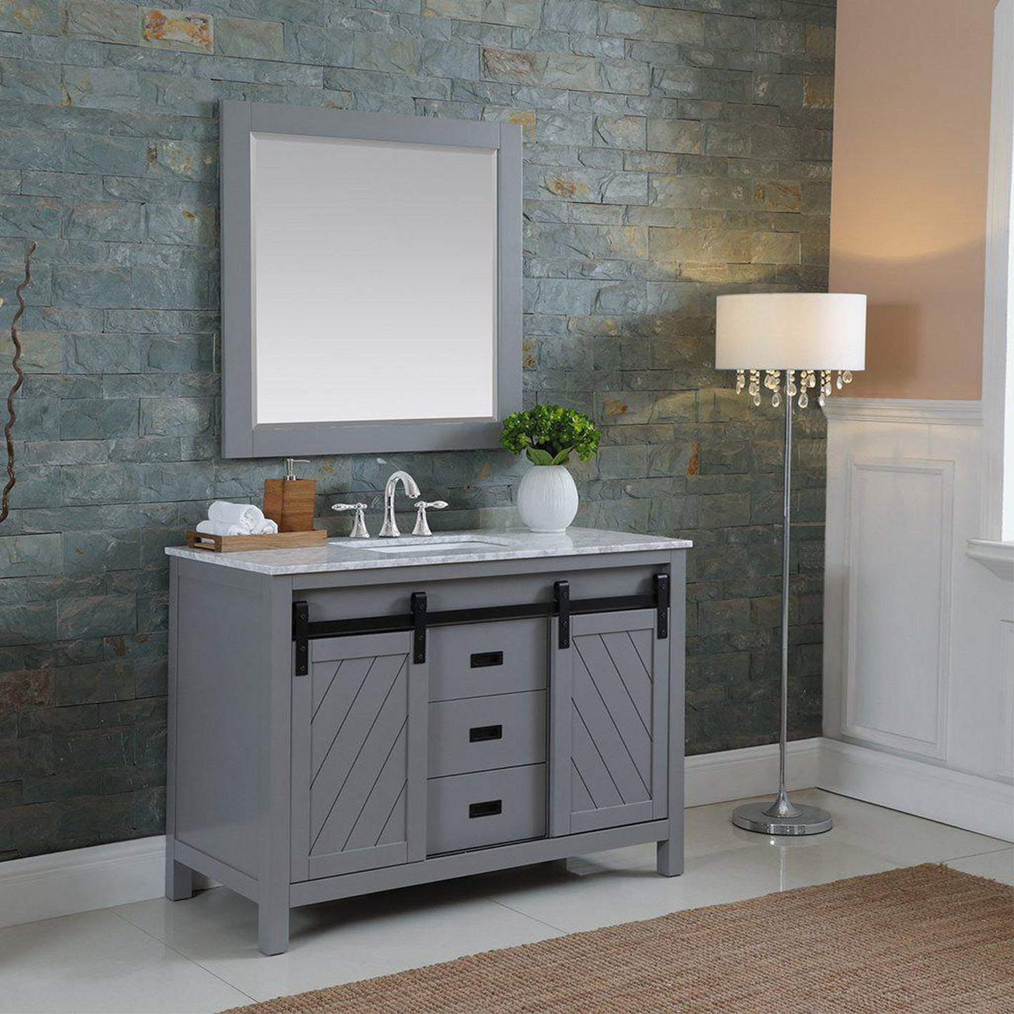 Altair Kinsley 48" Single Gray Freestanding Bathroom Vanity Set With Mirror, Natural Carrara White Marble Top, Rectangular Undermount Ceramic Sink, and Overflow