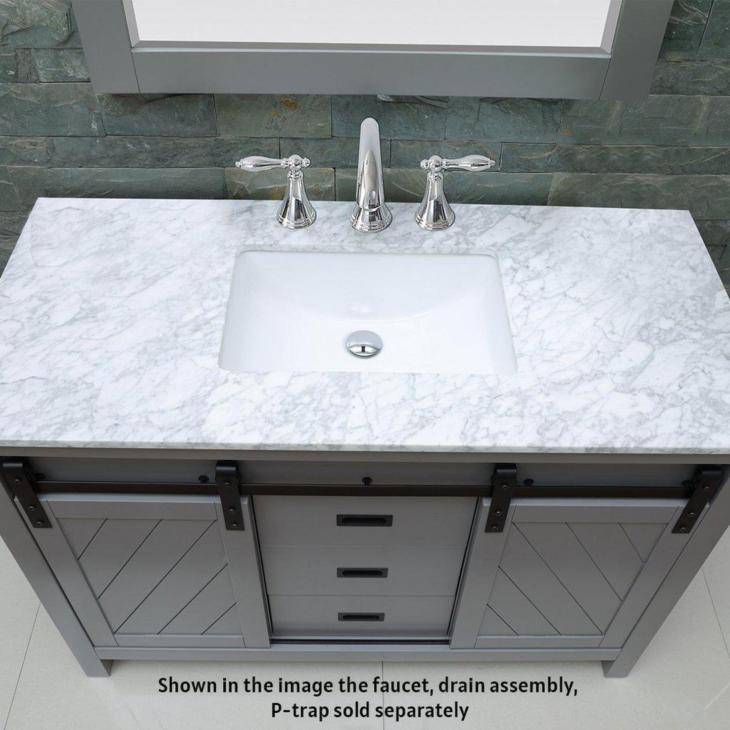 Altair Kinsley 48" Single Gray Freestanding Bathroom Vanity Set With Mirror, Natural Carrara White Marble Top, Rectangular Undermount Ceramic Sink, and Overflow