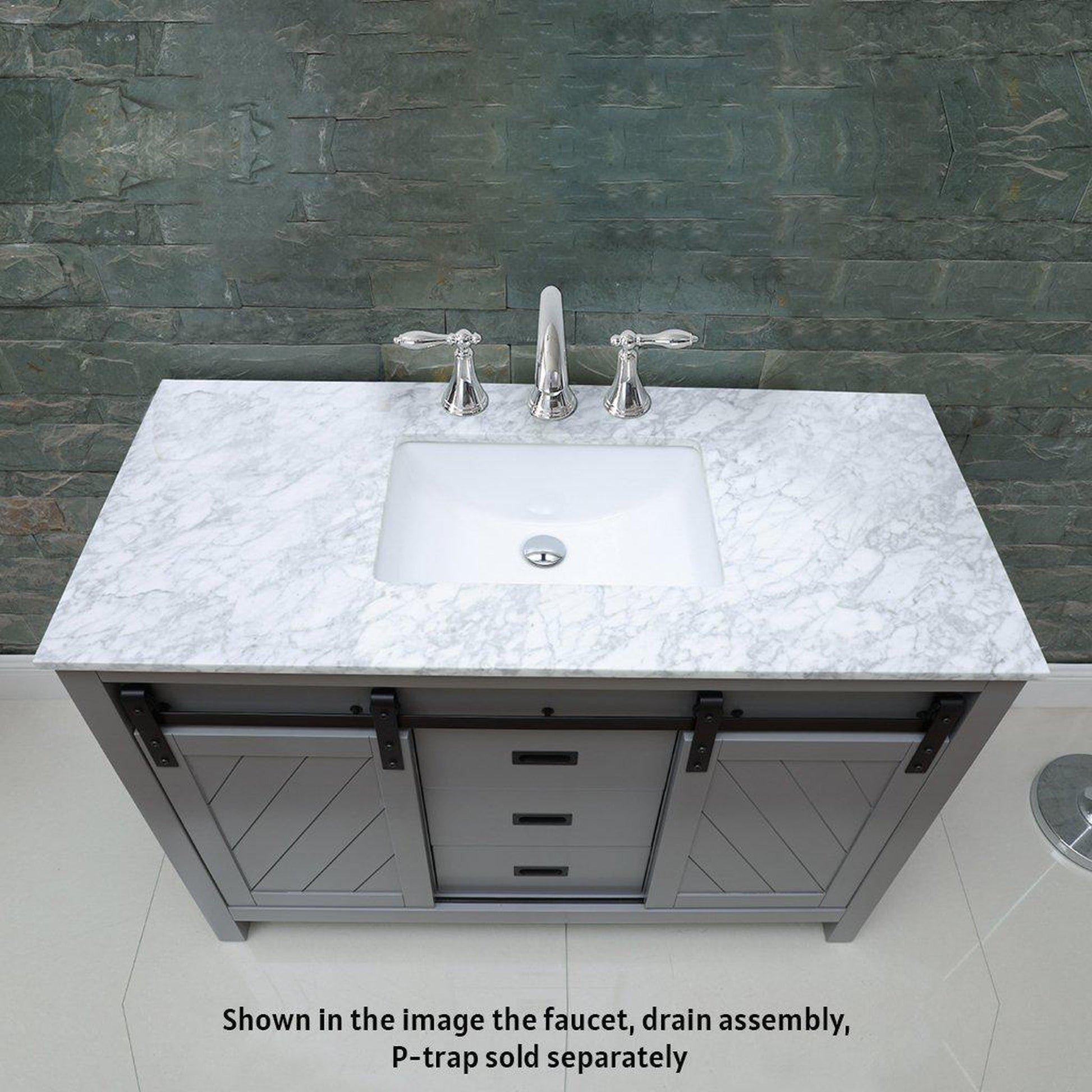 Altair Kinsley 48" Single Gray Freestanding Bathroom Vanity Set With Natural Carrara White Marble Top, Rectangular Undermount Ceramic Sink, and Overflow