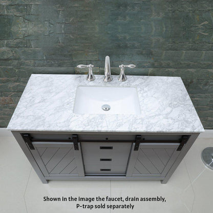 Altair Kinsley 48" Single Gray Freestanding Bathroom Vanity Set With Natural Carrara White Marble Top, Rectangular Undermount Ceramic Sink, and Overflow