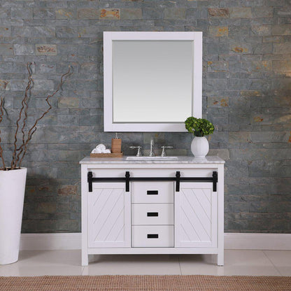 Altair Kinsley 48" Single White Freestanding Bathroom Vanity Set With Mirror, Natural Carrara White Marble Top, Rectangular Undermount Ceramic Sink, and Overflow