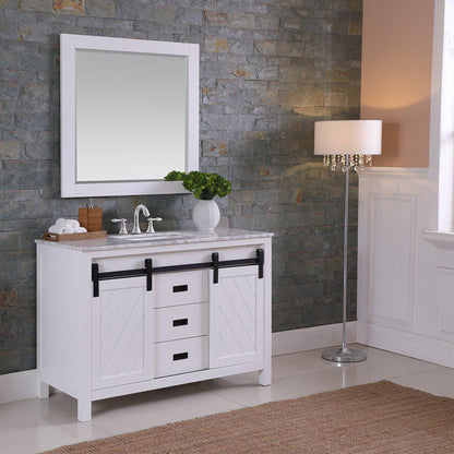 Altair Kinsley 48" Single White Freestanding Bathroom Vanity Set With Mirror, Natural Carrara White Marble Top, Rectangular Undermount Ceramic Sink, and Overflow