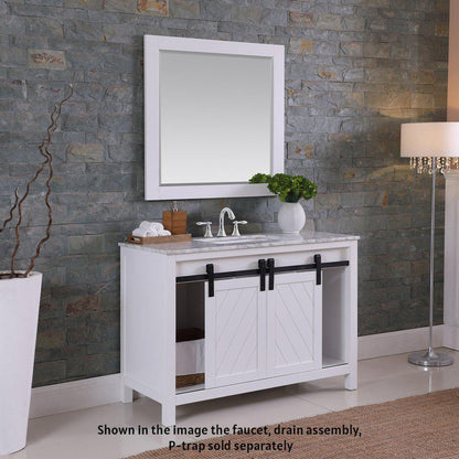 Altair Kinsley 48" Single White Freestanding Bathroom Vanity Set With Mirror, Natural Carrara White Marble Top, Rectangular Undermount Ceramic Sink, and Overflow