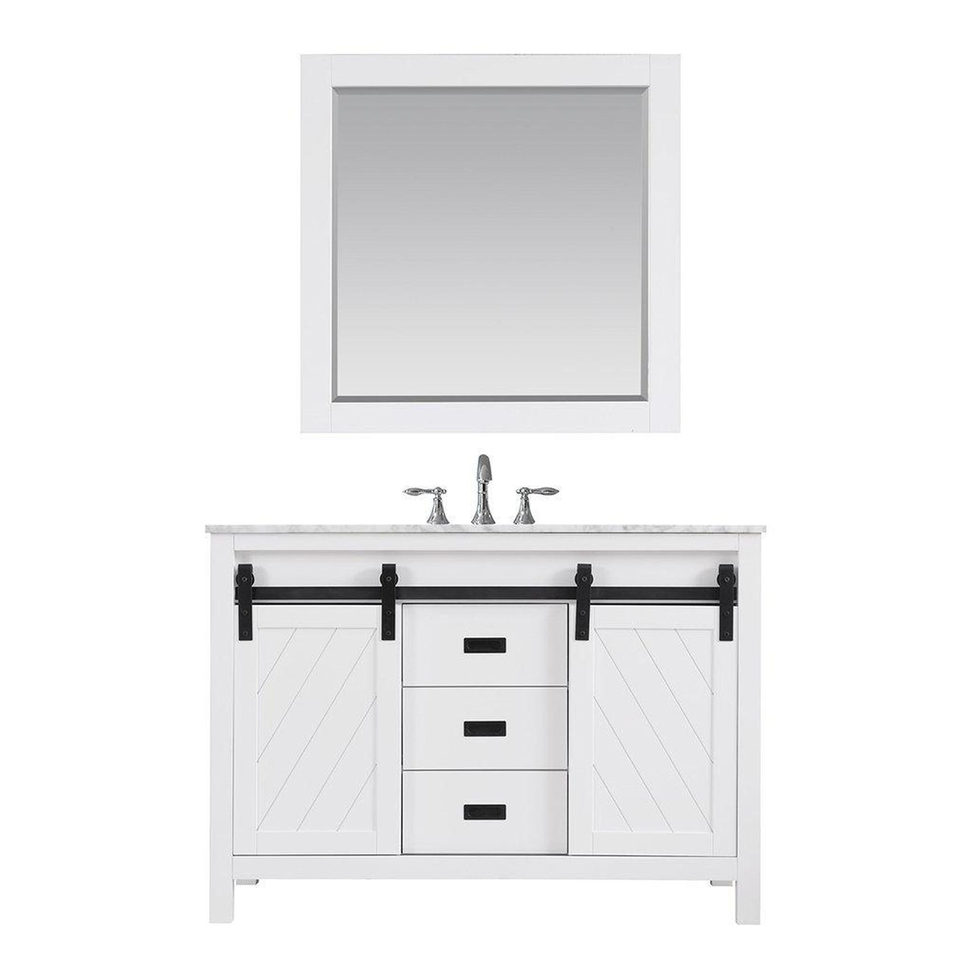 Altair Kinsley 48" Single White Freestanding Bathroom Vanity Set With Mirror, Natural Carrara White Marble Top, Rectangular Undermount Ceramic Sink, and Overflow