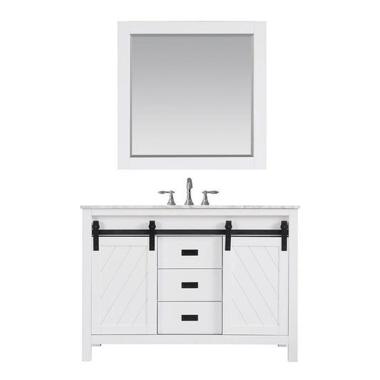 Altair Kinsley 48" Single White Freestanding Bathroom Vanity Set With Mirror, Natural Carrara White Marble Top, Rectangular Undermount Ceramic Sink, and Overflow