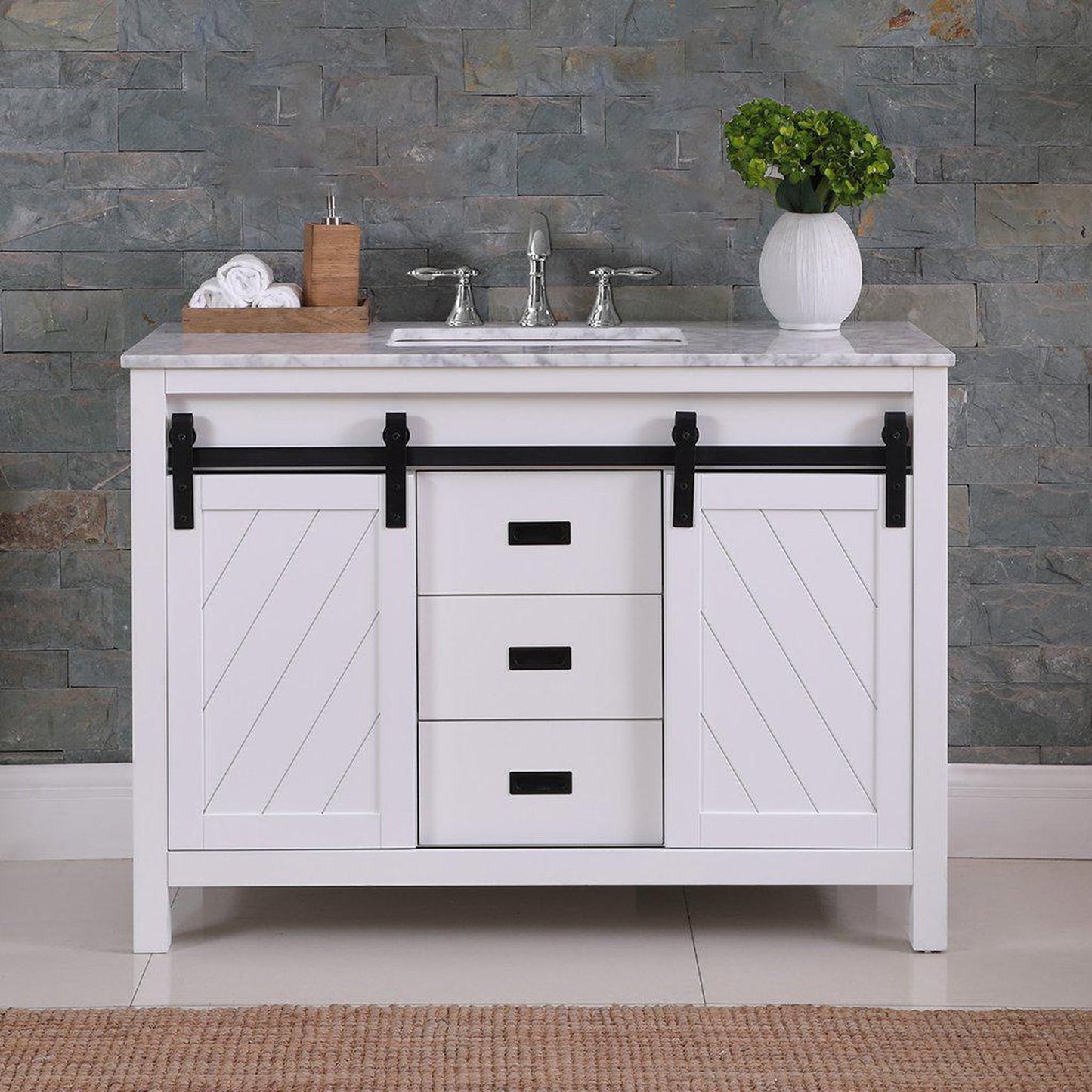 Altair Kinsley 48" Single White Freestanding Bathroom Vanity Set With Natural Carrara White Marble Top, Rectangular Undermount Ceramic Sink, and Overflow