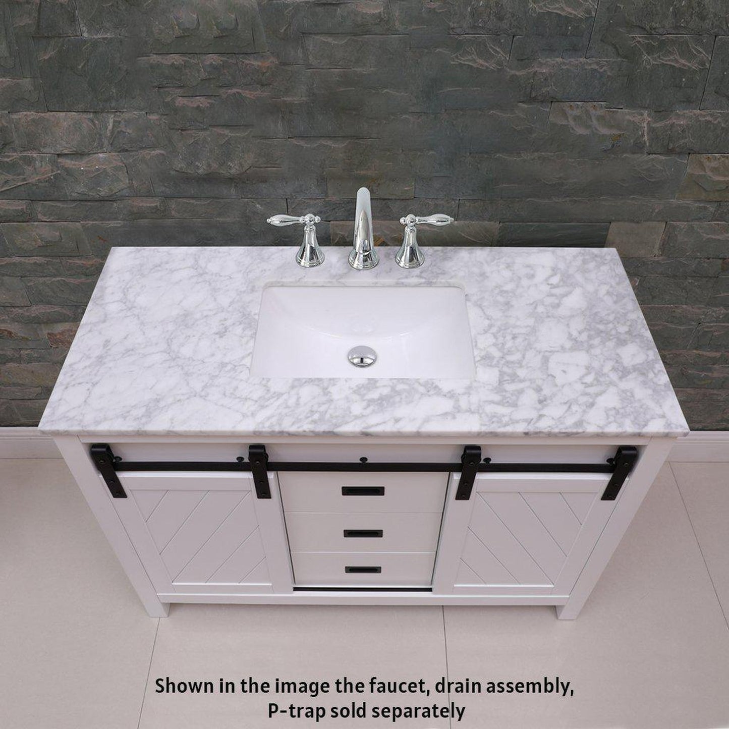 Altair Kinsley 48" Single White Freestanding Bathroom Vanity Set With Natural Carrara White Marble Top, Rectangular Undermount Ceramic Sink, and Overflow