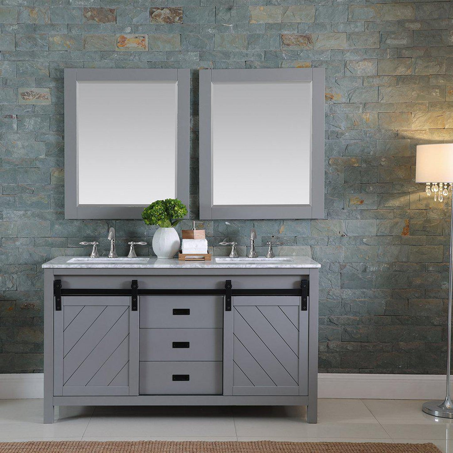 Altair Kinsley 60" Double Gray Freestanding Bathroom Vanity Set With Mirror, Natural Carrara White Marble Top, Two Rectangular Undermount Ceramic Sinks, and Overflow
