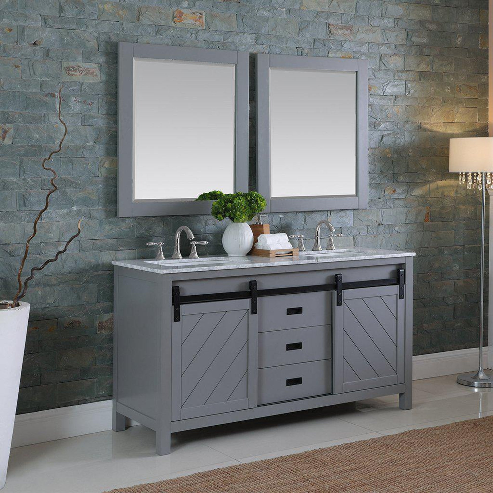 Altair Kinsley 60" Double Gray Freestanding Bathroom Vanity Set With Mirror, Natural Carrara White Marble Top, Two Rectangular Undermount Ceramic Sinks, and Overflow