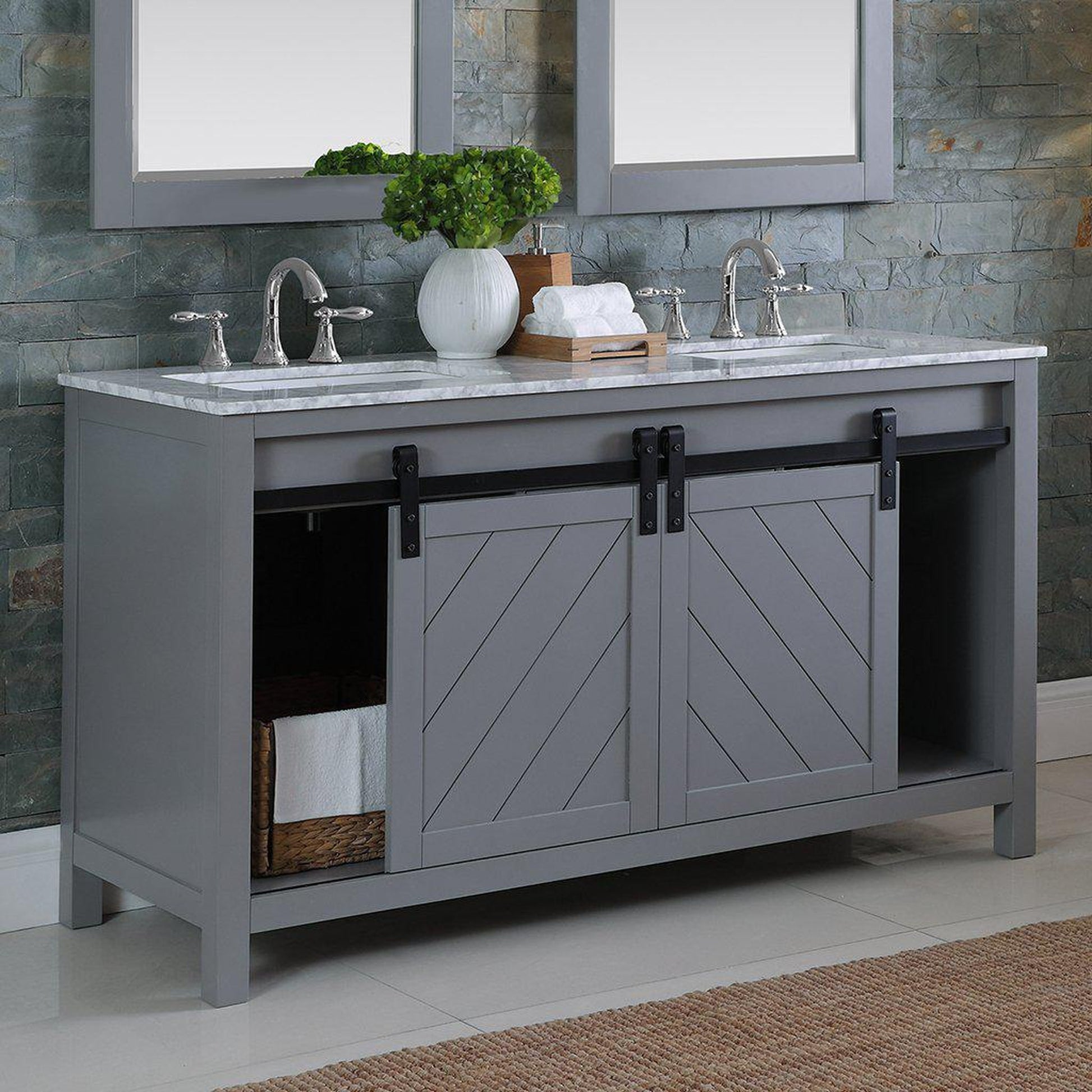 Altair Kinsley 60" Double Gray Freestanding Bathroom Vanity Set With Mirror, Natural Carrara White Marble Top, Two Rectangular Undermount Ceramic Sinks, and Overflow