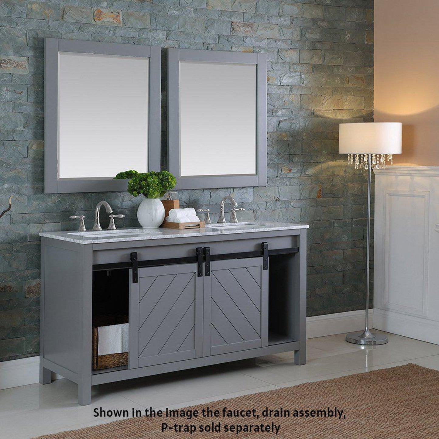 Altair Kinsley 60" Double Gray Freestanding Bathroom Vanity Set With Mirror, Natural Carrara White Marble Top, Two Rectangular Undermount Ceramic Sinks, and Overflow