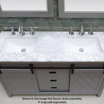 Altair Kinsley 60" Double Gray Freestanding Bathroom Vanity Set With Mirror, Natural Carrara White Marble Top, Two Rectangular Undermount Ceramic Sinks, and Overflow