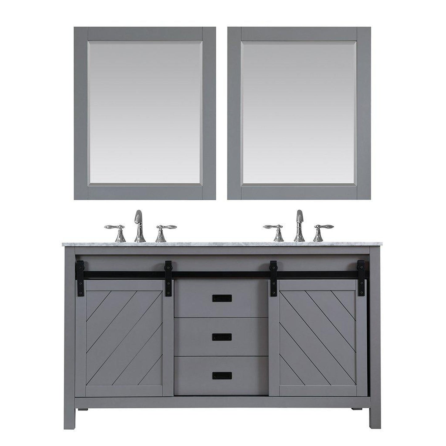 Altair Kinsley 60" Double Gray Freestanding Bathroom Vanity Set With Mirror, Natural Carrara White Marble Top, Two Rectangular Undermount Ceramic Sinks, and Overflow