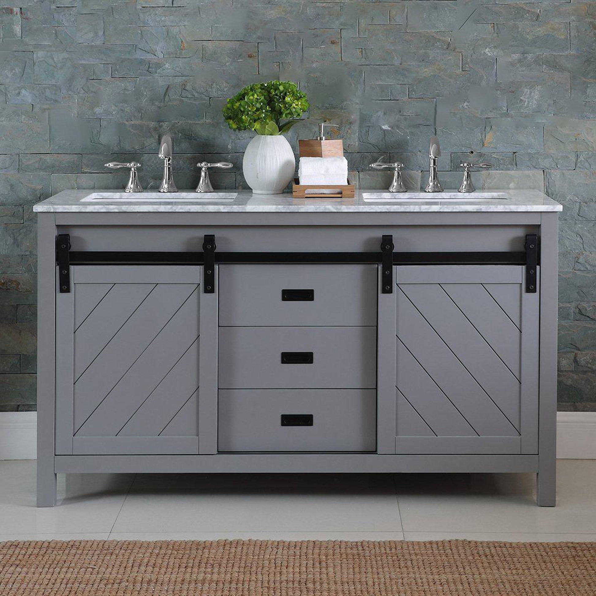 Altair Kinsley 60" Double Gray Freestanding Bathroom Vanity Set With Natural Carrara White Marble Top, Two Rectangular Undermount Ceramic Sinks, and Overflow