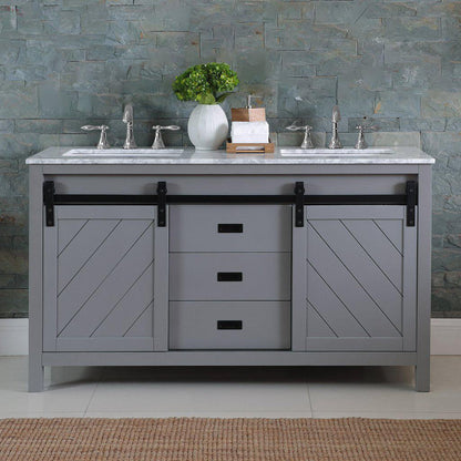 Altair Kinsley 60" Double Gray Freestanding Bathroom Vanity Set With Natural Carrara White Marble Top, Two Rectangular Undermount Ceramic Sinks, and Overflow