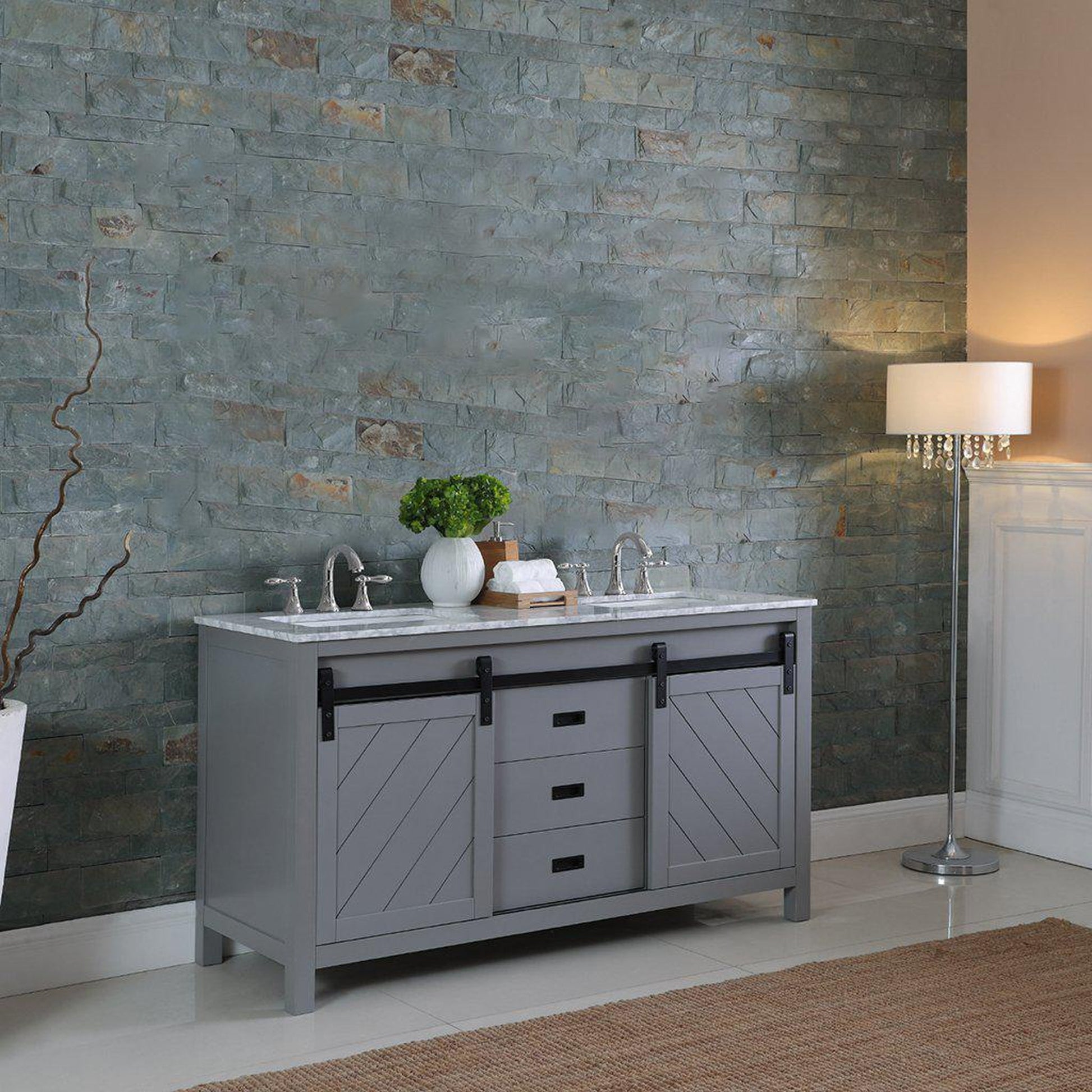 Altair Kinsley 60" Double Gray Freestanding Bathroom Vanity Set With Natural Carrara White Marble Top, Two Rectangular Undermount Ceramic Sinks, and Overflow