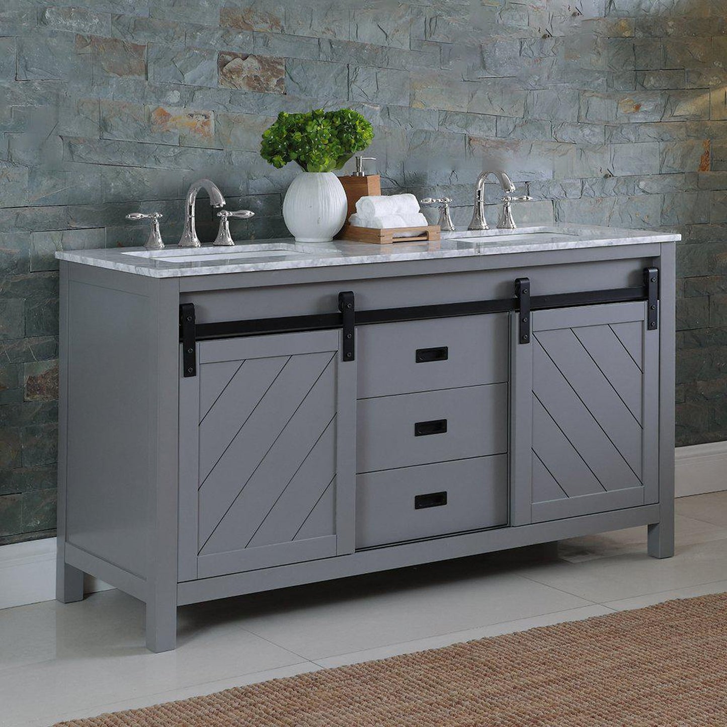 Altair Kinsley 60" Double Gray Freestanding Bathroom Vanity Set With Natural Carrara White Marble Top, Two Rectangular Undermount Ceramic Sinks, and Overflow