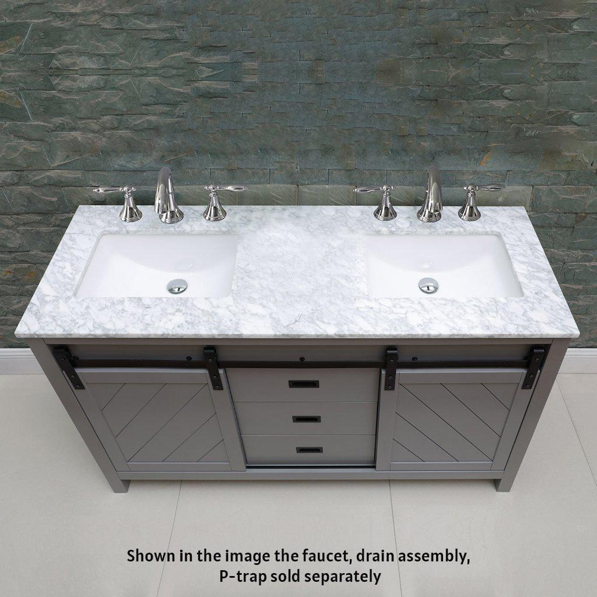 Altair Kinsley 60" Double Gray Freestanding Bathroom Vanity Set With Natural Carrara White Marble Top, Two Rectangular Undermount Ceramic Sinks, and Overflow