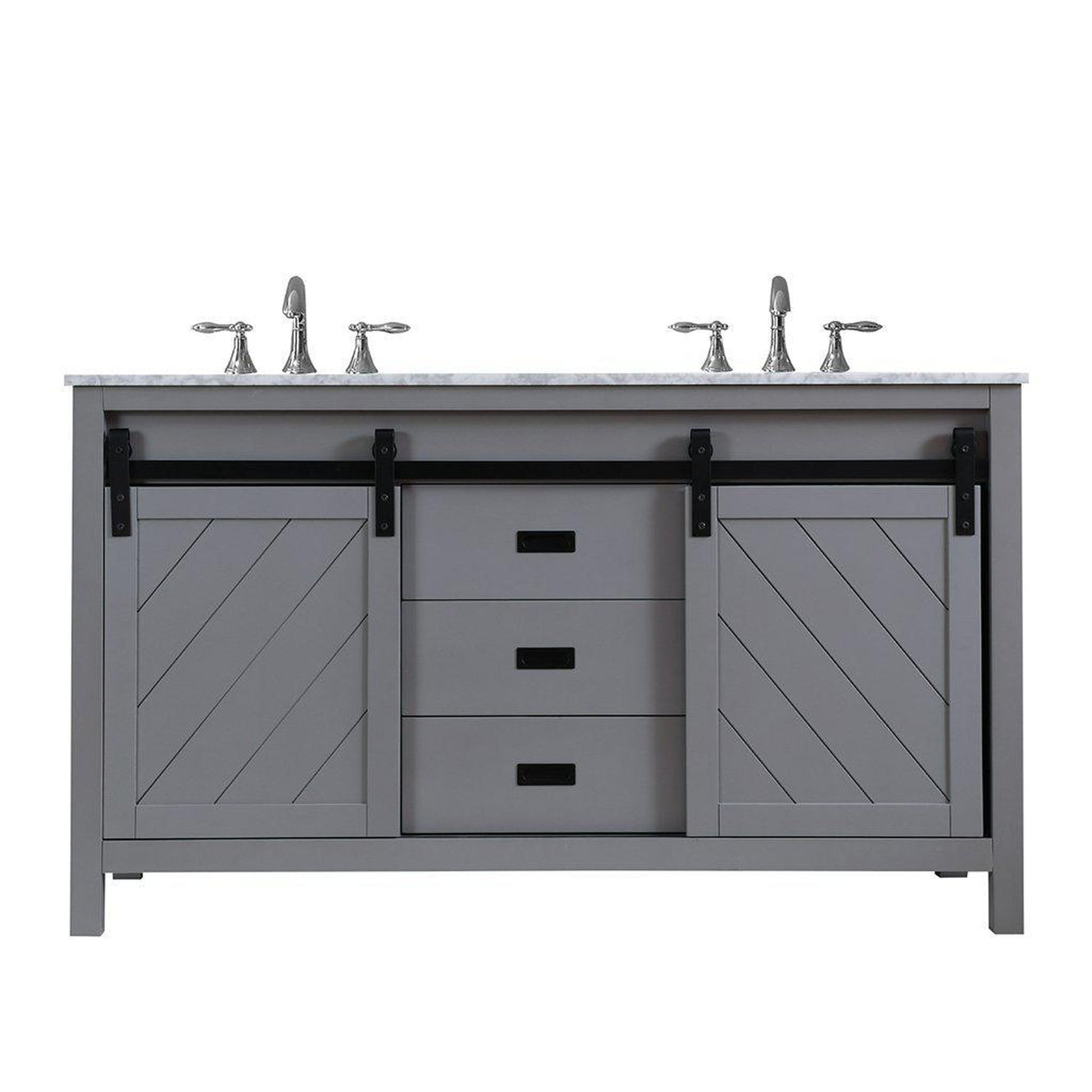 Altair Kinsley 60" Double Gray Freestanding Bathroom Vanity Set With Natural Carrara White Marble Top, Two Rectangular Undermount Ceramic Sinks, and Overflow