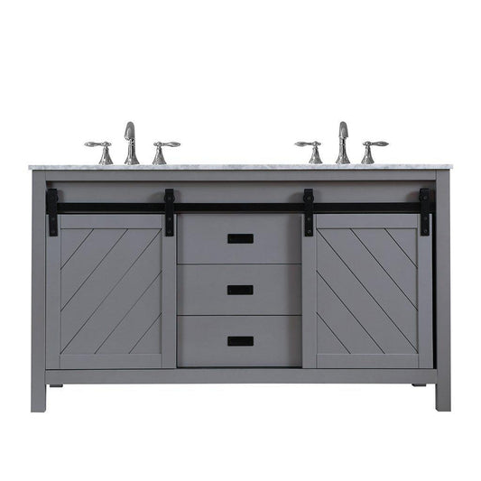 Altair Kinsley 60" Double Gray Freestanding Bathroom Vanity Set With Natural Carrara White Marble Top, Two Rectangular Undermount Ceramic Sinks, and Overflow