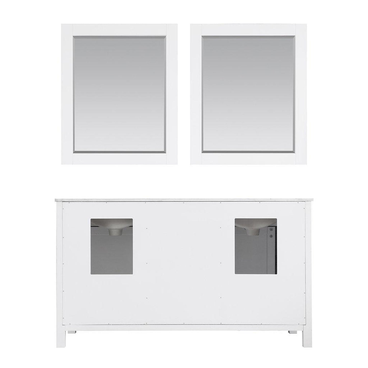 Altair Kinsley 60" Double White Freestanding Bathroom Vanity Set With Mirror, Natural Carrara White Marble Top, Two Rectangular Undermount Ceramic Sinks, and Overflow