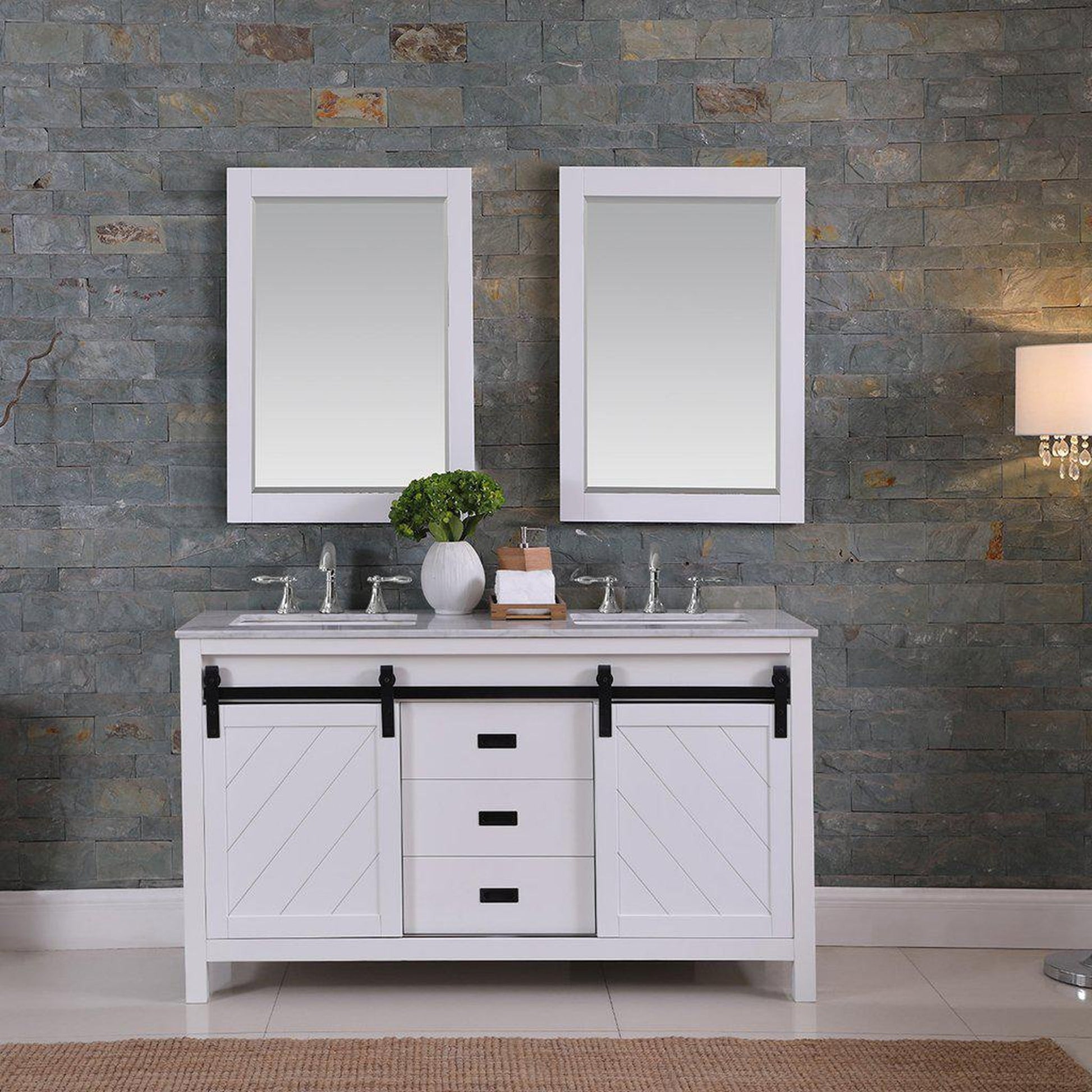 Altair Kinsley 60" Double White Freestanding Bathroom Vanity Set With Mirror, Natural Carrara White Marble Top, Two Rectangular Undermount Ceramic Sinks, and Overflow