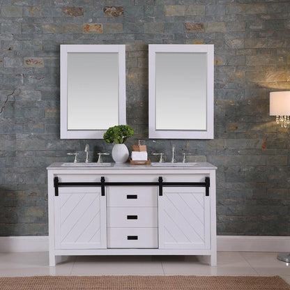 Altair Kinsley 60" Double White Freestanding Bathroom Vanity Set With Mirror, Natural Carrara White Marble Top, Two Rectangular Undermount Ceramic Sinks, and Overflow