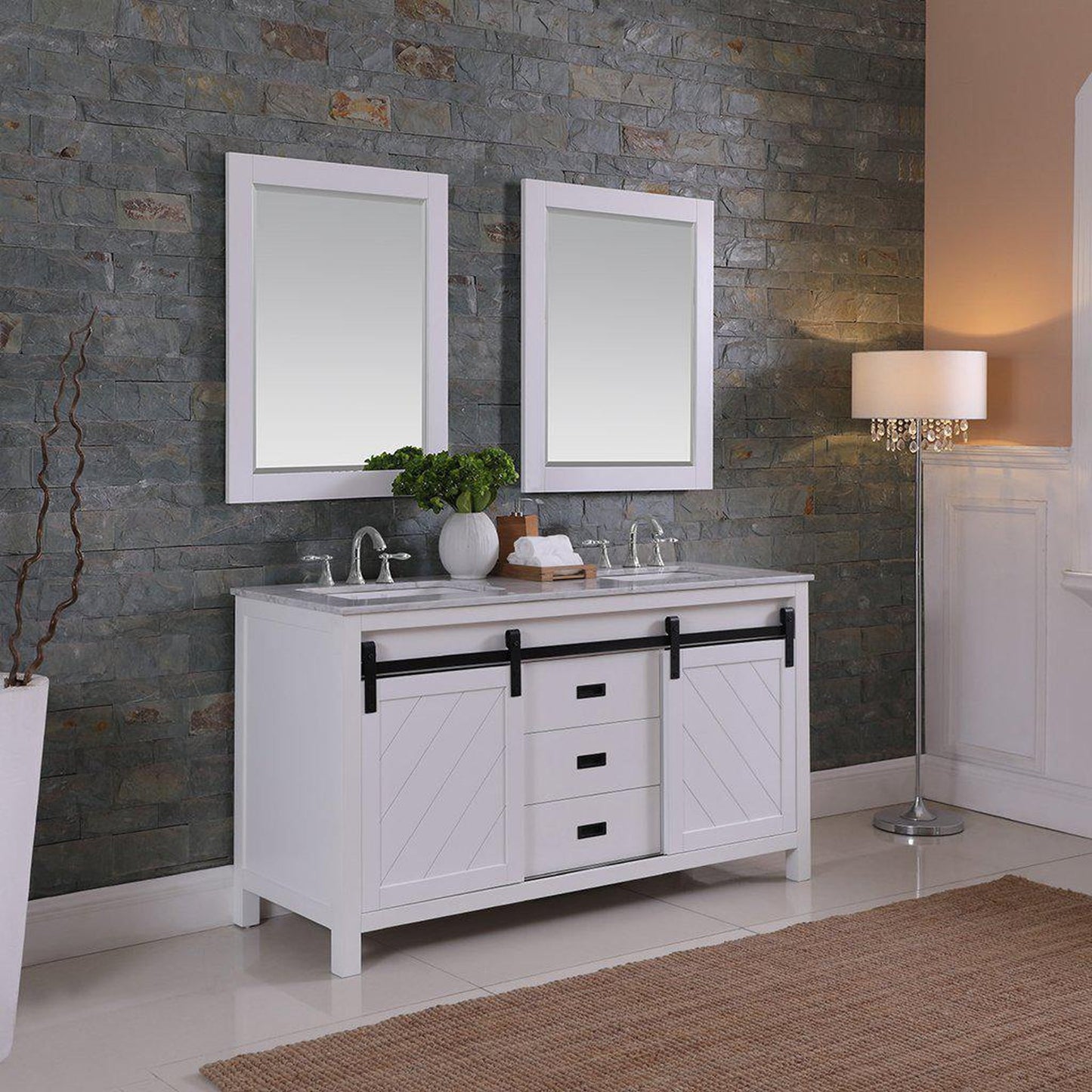 Altair Kinsley 60" Double White Freestanding Bathroom Vanity Set With Mirror, Natural Carrara White Marble Top, Two Rectangular Undermount Ceramic Sinks, and Overflow