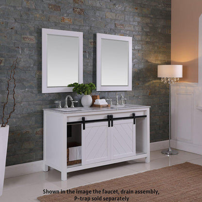 Altair Kinsley 60" Double White Freestanding Bathroom Vanity Set With Mirror, Natural Carrara White Marble Top, Two Rectangular Undermount Ceramic Sinks, and Overflow