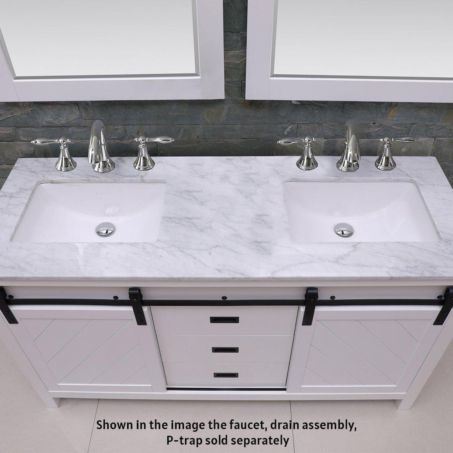 Altair Kinsley 60" Double White Freestanding Bathroom Vanity Set With Mirror, Natural Carrara White Marble Top, Two Rectangular Undermount Ceramic Sinks, and Overflow