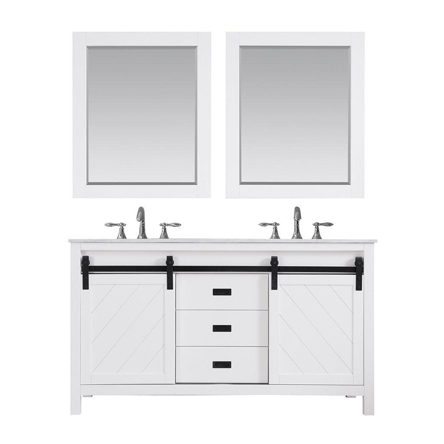 Altair Kinsley 60" Double White Freestanding Bathroom Vanity Set With Mirror, Natural Carrara White Marble Top, Two Rectangular Undermount Ceramic Sinks, and Overflow