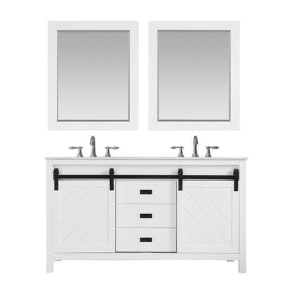 Altair Kinsley 60" Double White Freestanding Bathroom Vanity Set With Mirror, Natural Carrara White Marble Top, Two Rectangular Undermount Ceramic Sinks, and Overflow