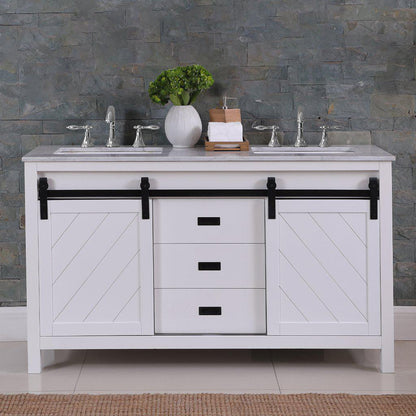 Altair Kinsley 60" Double White Freestanding Bathroom Vanity Set With Natural Carrara White Marble Top, Two Rectangular Undermount Ceramic Sinks, and Overflow