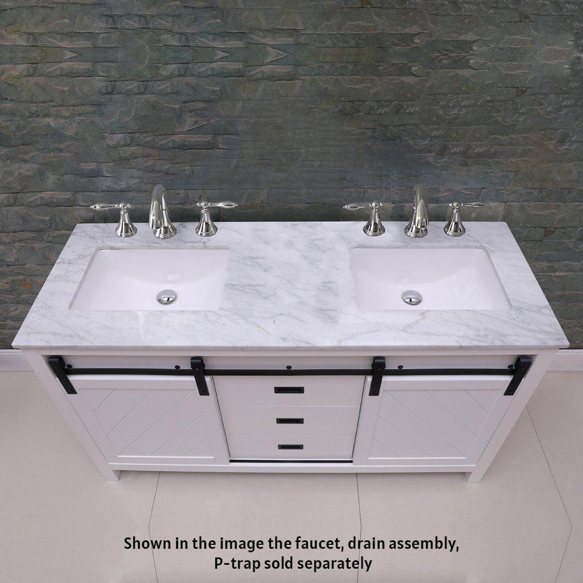 Altair Kinsley 60" Double White Freestanding Bathroom Vanity Set With Natural Carrara White Marble Top, Two Rectangular Undermount Ceramic Sinks, and Overflow