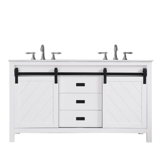 Altair Kinsley 60" Double White Freestanding Bathroom Vanity Set With Natural Carrara White Marble Top, Two Rectangular Undermount Ceramic Sinks, and Overflow