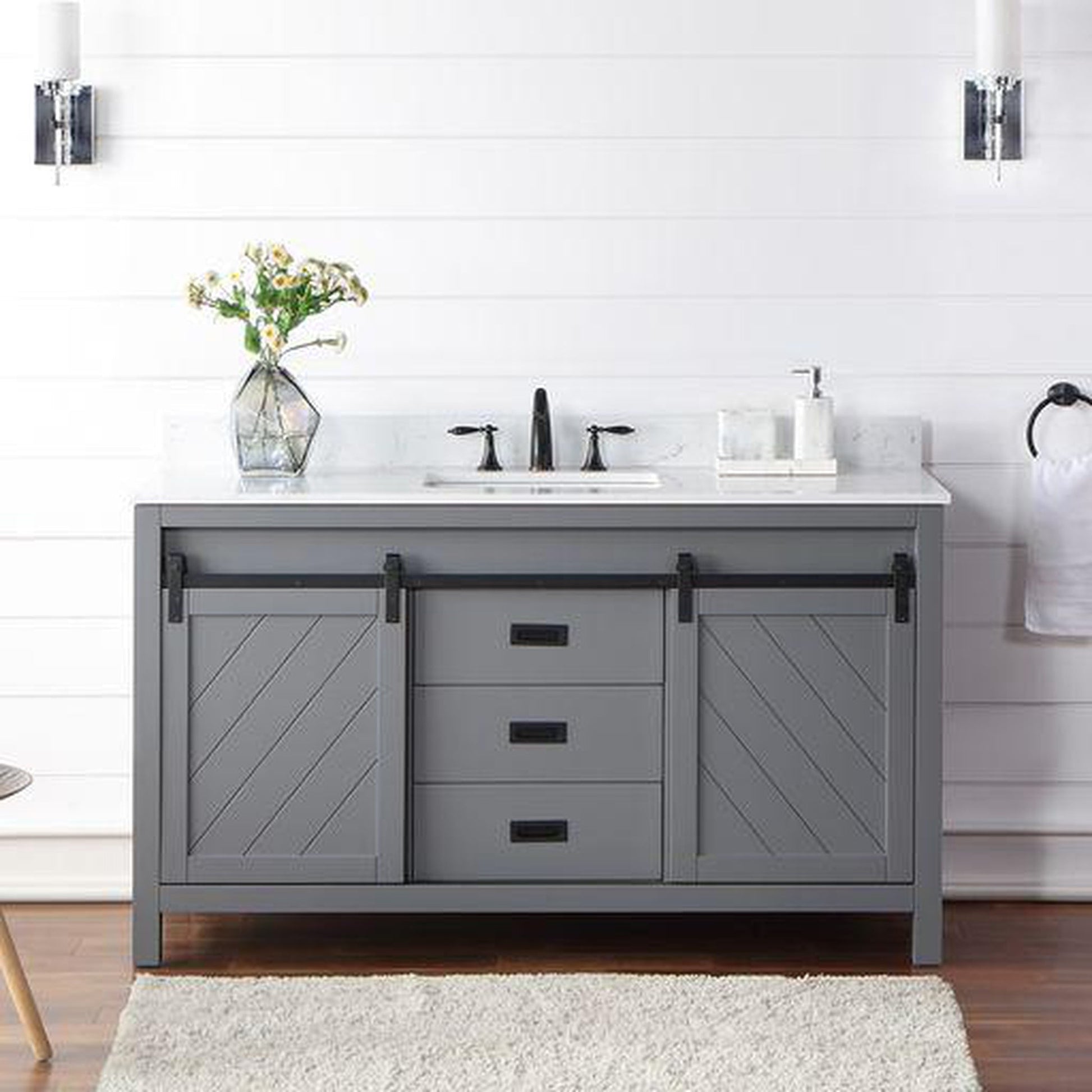 Altair Kinsley 60" Single Gray Freestanding Bathroom Vanity Set With Aosta White Composite Stone Top, Rectangular Undermount Ceramic Sink, and Overflow