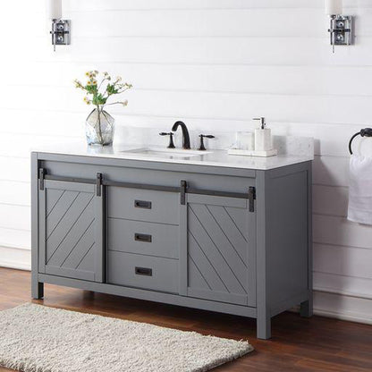 Altair Kinsley 60" Single Gray Freestanding Bathroom Vanity Set With Aosta White Composite Stone Top, Rectangular Undermount Ceramic Sink, and Overflow