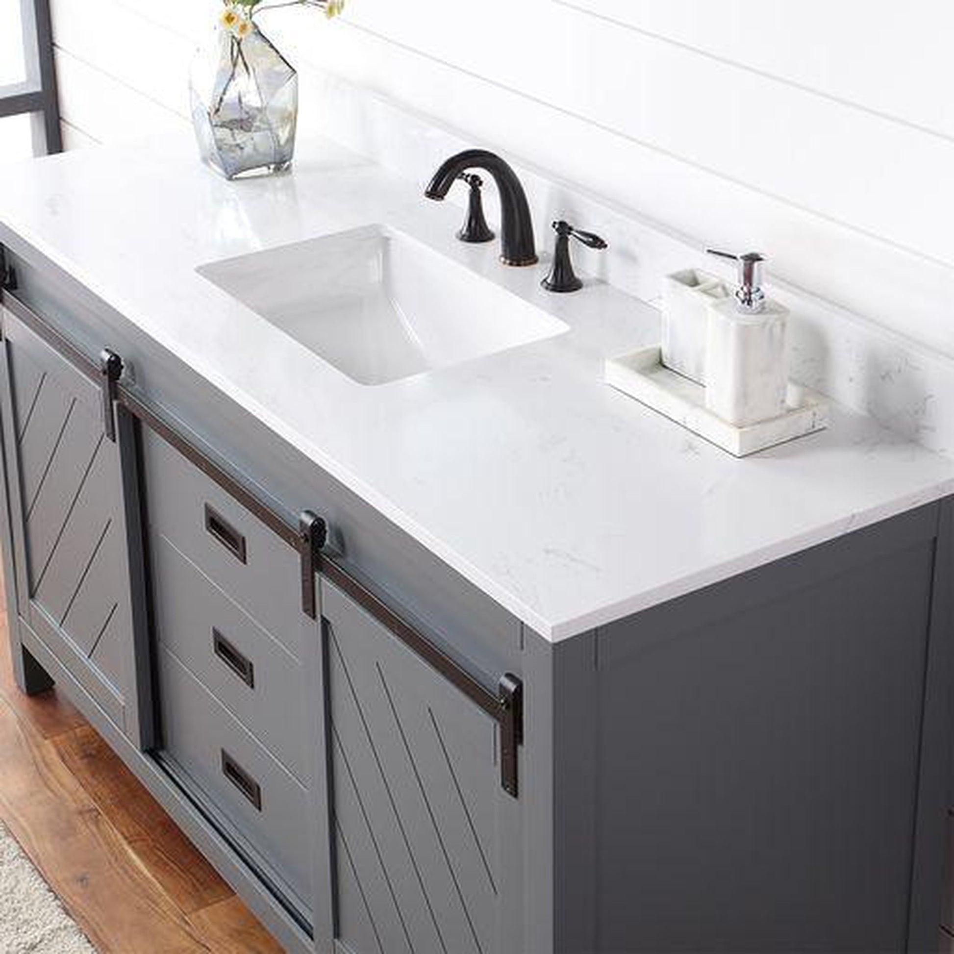 Altair Kinsley 60" Single Gray Freestanding Bathroom Vanity Set With Aosta White Composite Stone Top, Rectangular Undermount Ceramic Sink, and Overflow