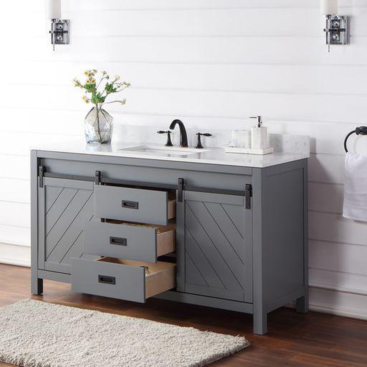 Altair Kinsley 60" Single Gray Freestanding Bathroom Vanity Set With Aosta White Composite Stone Top, Rectangular Undermount Ceramic Sink, and Overflow